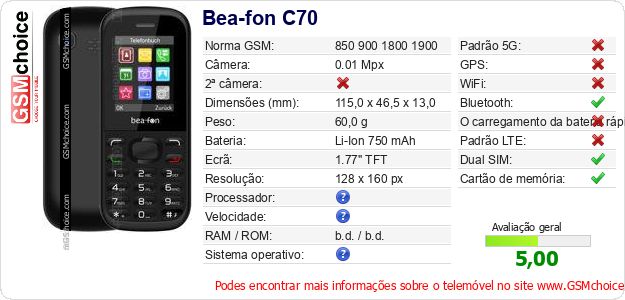 Bea-fon C70 Especificações técnicas do telemóvel Bea-fon C70 Especificações técnicas do telemóvel