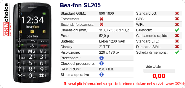 Bea-fon SL205 Dati tecnici di telefono cellulare 