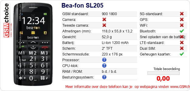 Bea-fon SL205 Technische gegevens 