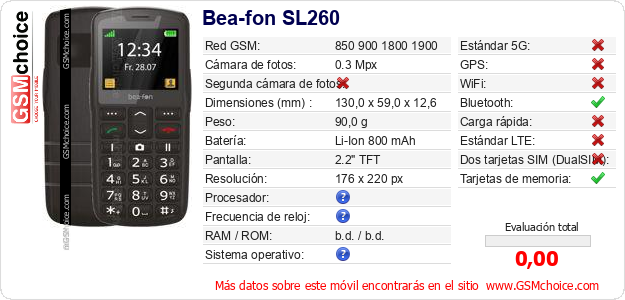 Bea-fon SL260 Datos técnicos del móvil Bea-fon SL260 Datos técnicos del móvil