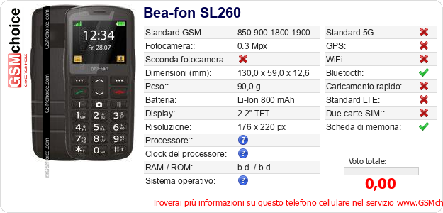 Bea-fon SL260 Dati tecnici di telefono cellulare 