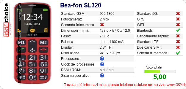 Bea-fon SL320 Dati tecnici di telefono cellulare 