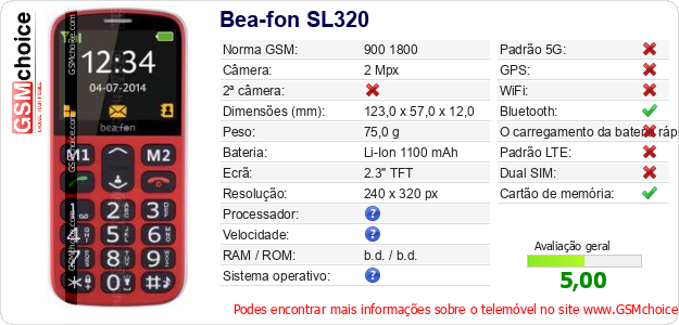 Bea-fon SL320 Especificações técnicas do telemóvel Bea-fon SL320 Especificações técnicas do telemóvel