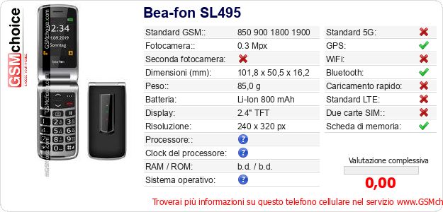 Bea-fon SL495 Dati tecnici di telefono cellulare Bea-fon SL495 Dati tecnici di telefono cellulare