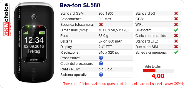 Bea-fon SL580 Dati tecnici di telefono cellulare 