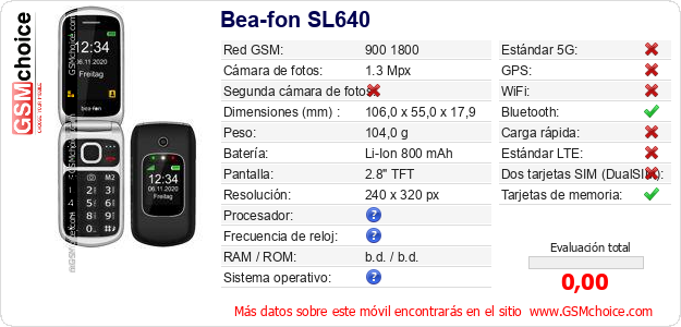 Bea-fon SL640 Datos técnicos del móvil Bea-fon SL640 Datos técnicos del móvil