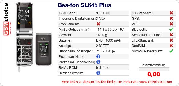 Bea-fon SL645 Plus technische Daten Bea-fon SL645 Plus technische Daten