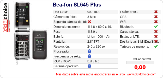 Bea-fon SL645 Plus Datos técnicos del móvil 