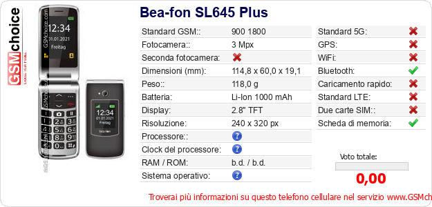 Bea-fon SL645 Plus Dati tecnici di telefono cellulare Bea-fon SL645 Plus Dati tecnici di telefono cellulare
