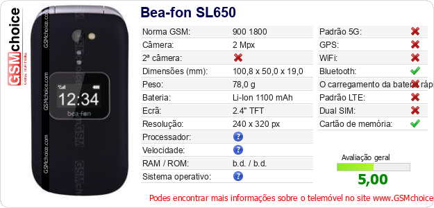 Bea-fon SL650 Especificações técnicas do telemóvel 