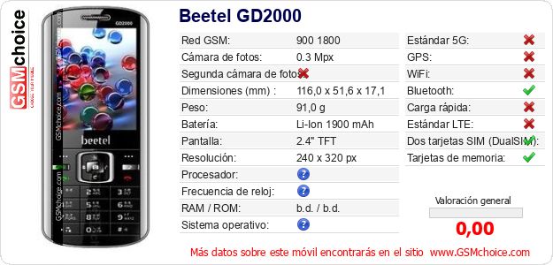 Beetel GD2000 Datos técnicos del móvil 