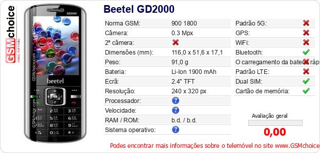 Beetel GD2000 Especificações técnicas do telemóvel 