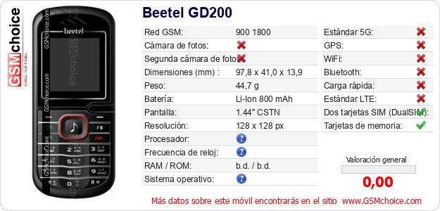 Beetel GD200 Datos técnicos del móvil Beetel GD200 Datos técnicos del móvil
