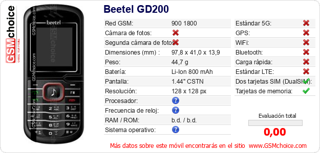 Beetel GD200 Datos técnicos del móvil 