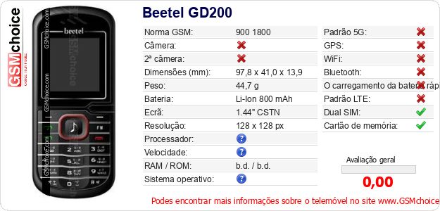 Beetel GD200 Especificações técnicas do telemóvel Beetel GD200 Especificações técnicas do telemóvel