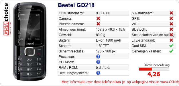 Beetel GD218 Technische gegevens Beetel GD218 Technische gegevens