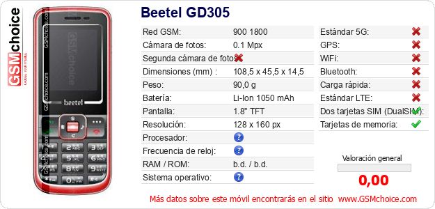 Beetel GD305 Datos técnicos del móvil Beetel GD305 Datos técnicos del móvil