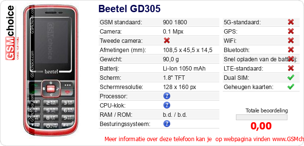 Beetel GD305 Technische gegevens 