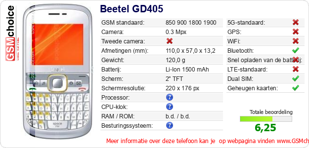 Beetel GD405 Technische gegevens 