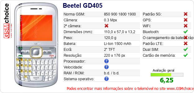 Beetel GD405 Especificações técnicas do telemóvel 