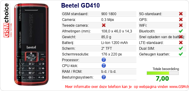 Beetel GD410 Technische gegevens 