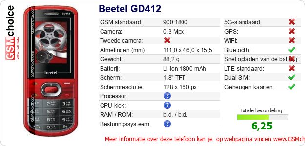 Beetel GD412 Technische gegevens Beetel GD412 Technische gegevens