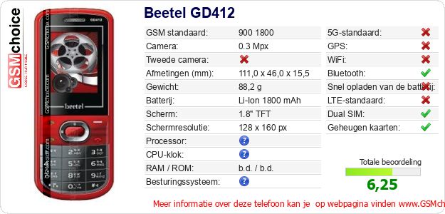 Beetel GD412 Technische gegevens Beetel GD412 Technische gegevens