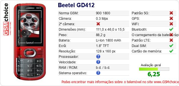 Beetel GD412 Especificações técnicas do telemóvel 