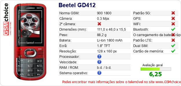 Beetel GD412 Especificações técnicas do telemóvel Beetel GD412 Especificações técnicas do telemóvel