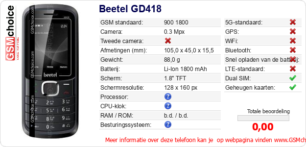 Beetel GD418 Technische gegevens Beetel GD418 Technische gegevens