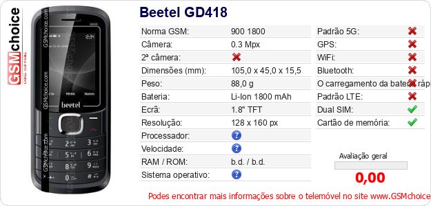 Beetel GD418 Especificações técnicas do telemóvel Beetel GD418 Especificações técnicas do telemóvel