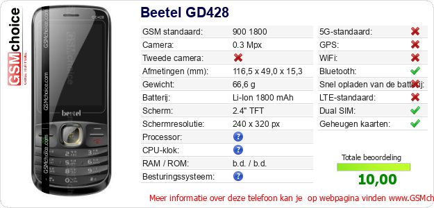 Beetel GD428 Technische gegevens 