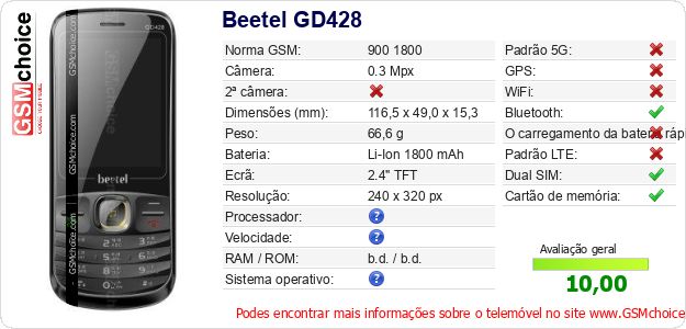 Beetel GD428 Especificações técnicas do telemóvel Beetel GD428 Especificações técnicas do telemóvel