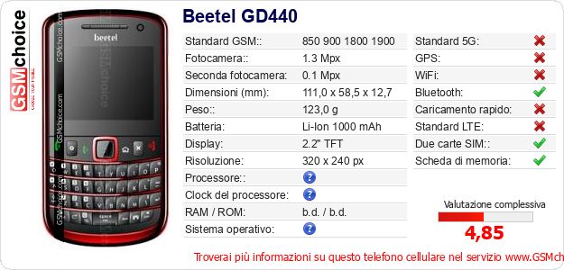 Beetel GD440 Dati tecnici di telefono cellulare Beetel GD440 Dati tecnici di telefono cellulare