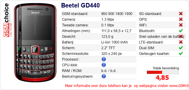 Beetel GD440 Technische gegevens 