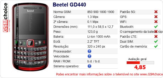 Beetel GD440 Especificações técnicas do telemóvel Beetel GD440 Especificações técnicas do telemóvel