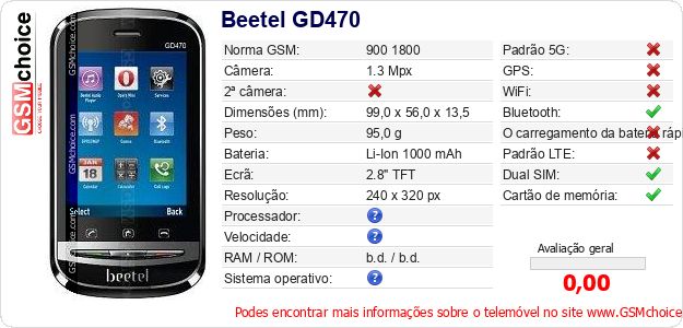 Beetel GD470 Especificações técnicas do telemóvel Beetel GD470 Especificações técnicas do telemóvel