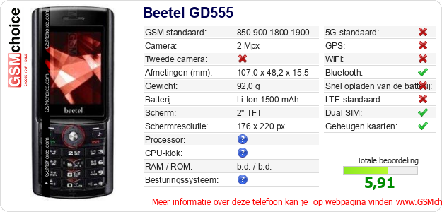 Beetel GD555 Technische gegevens 