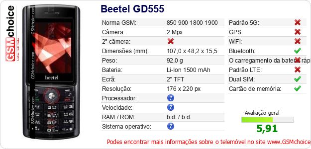 Beetel GD555 Especificações técnicas do telemóvel 
