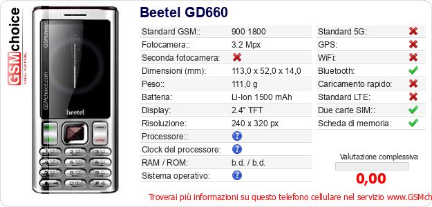 Beetel GD660 Dati tecnici di telefono cellulare 