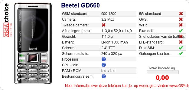 Beetel GD660 Technische gegevens Beetel GD660 Technische gegevens