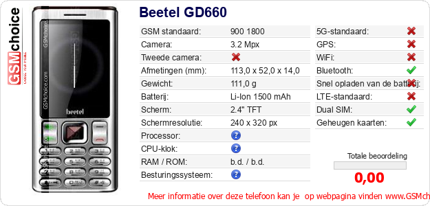 Beetel GD660 Technische gegevens 
