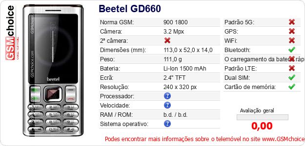 Beetel GD660 Especificações técnicas do telemóvel Beetel GD660 Especificações técnicas do telemóvel