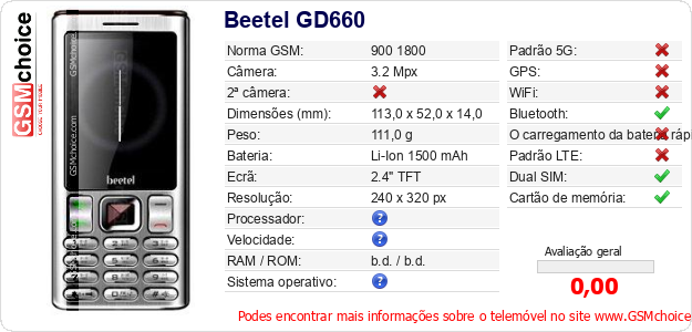 Beetel GD660 Especificações técnicas do telemóvel 