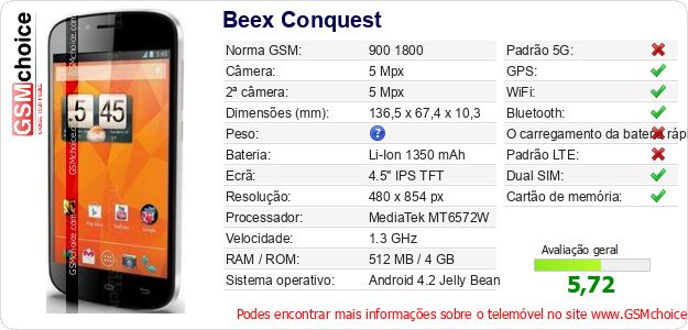 Beex Conquest Especificações técnicas do telemóvel 