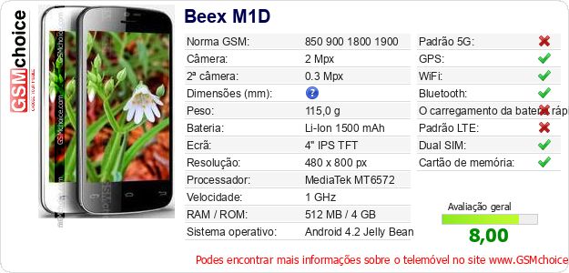 Beex M1D Especificações técnicas do telemóvel Beex M1D Especificações técnicas do telemóvel