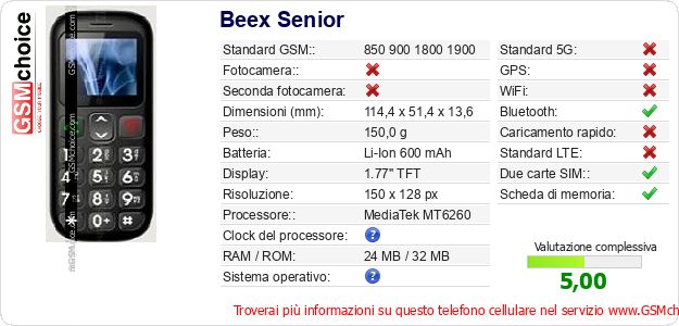 Beex Senior Dati tecnici di telefono cellulare 