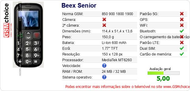 Beex Senior Especificações técnicas do telemóvel Beex Senior Especificações técnicas do telemóvel