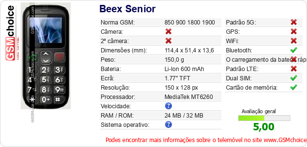 Beex Senior Especificações técnicas do telemóvel Beex Senior Especificações técnicas do telemóvel