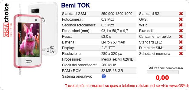Bemi TOK Dati tecnici di telefono cellulare Bemi TOK Dati tecnici di telefono cellulare